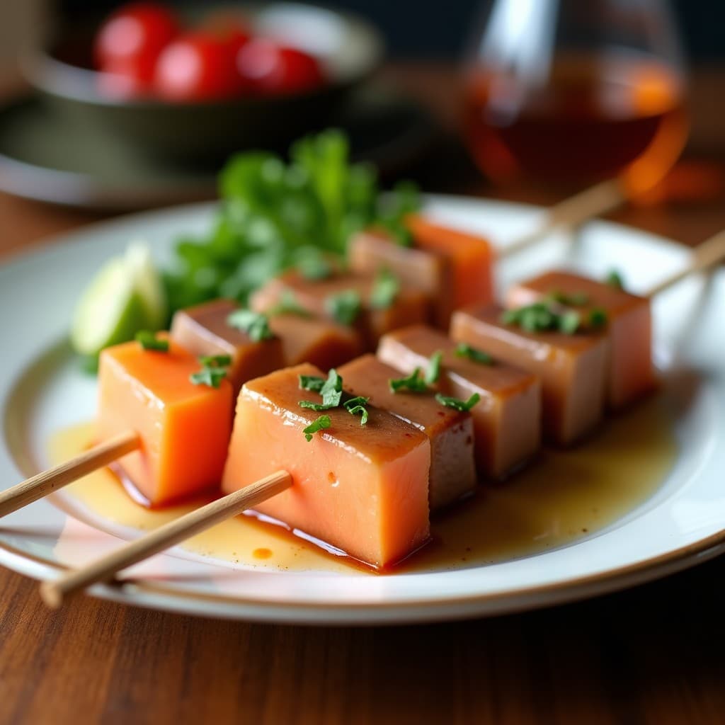 Brochetas de atún rojo y melón cantalupo doradas en airfryer, con glaseado brillante de sake, servidas en plato de cerámica negra con semillas de sésamo y hojas de shiso.