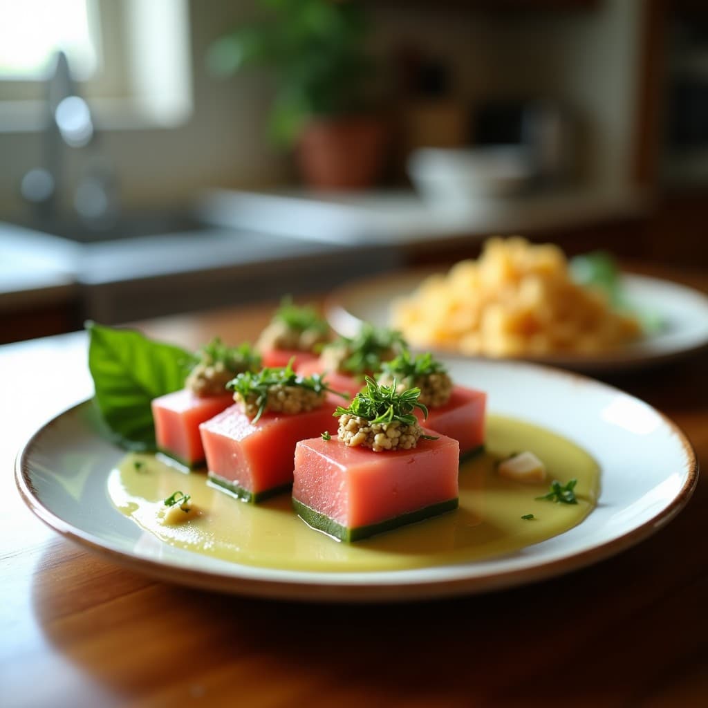 Brochetas de atún ahumado y melón Cantalupo con vinagreta de wasabi, aperitivo keto listo para servir en 10 minutos. Plato con fondo oscuro y semillas de sésamo espolvoreadas.