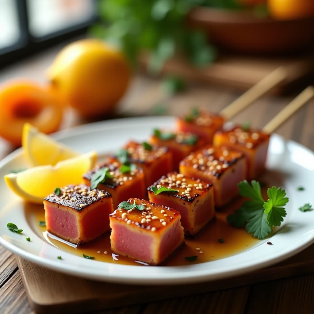 Brochetas de atún rojo y albaricoque en airfryer con glaseado dorado de miel y sésamo, servidas sobre plato blanco con cilantro fresco y gajos de limón, fondo desenfocado de cocina moderna.