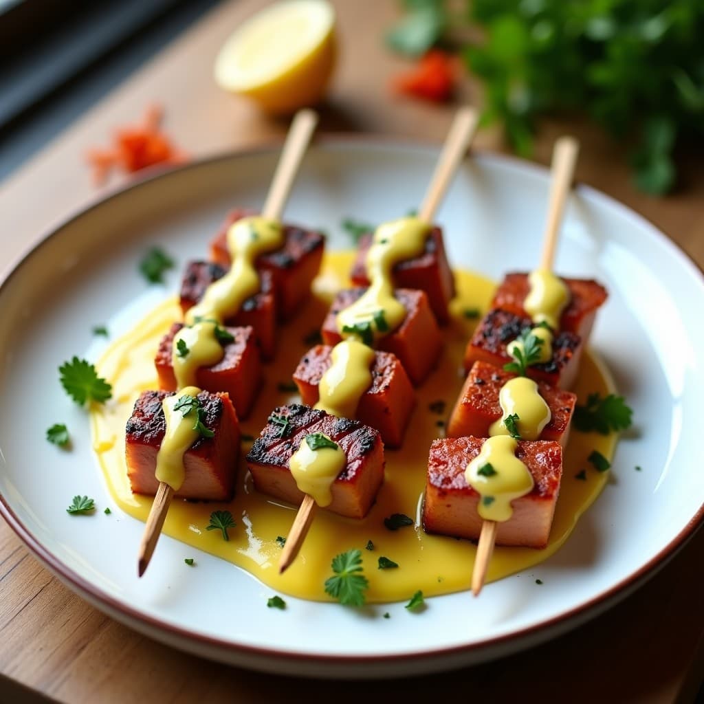Brochetas de atún rojo y alcachofa con salsa de azafrán en airfryer: trozos dorados de atún y corazones de alcachofa ensartados, servidos en un plato blanco con salsa amarilla de azafrán y almendras fileteadas, decorado con hebras de azafrán y romero.