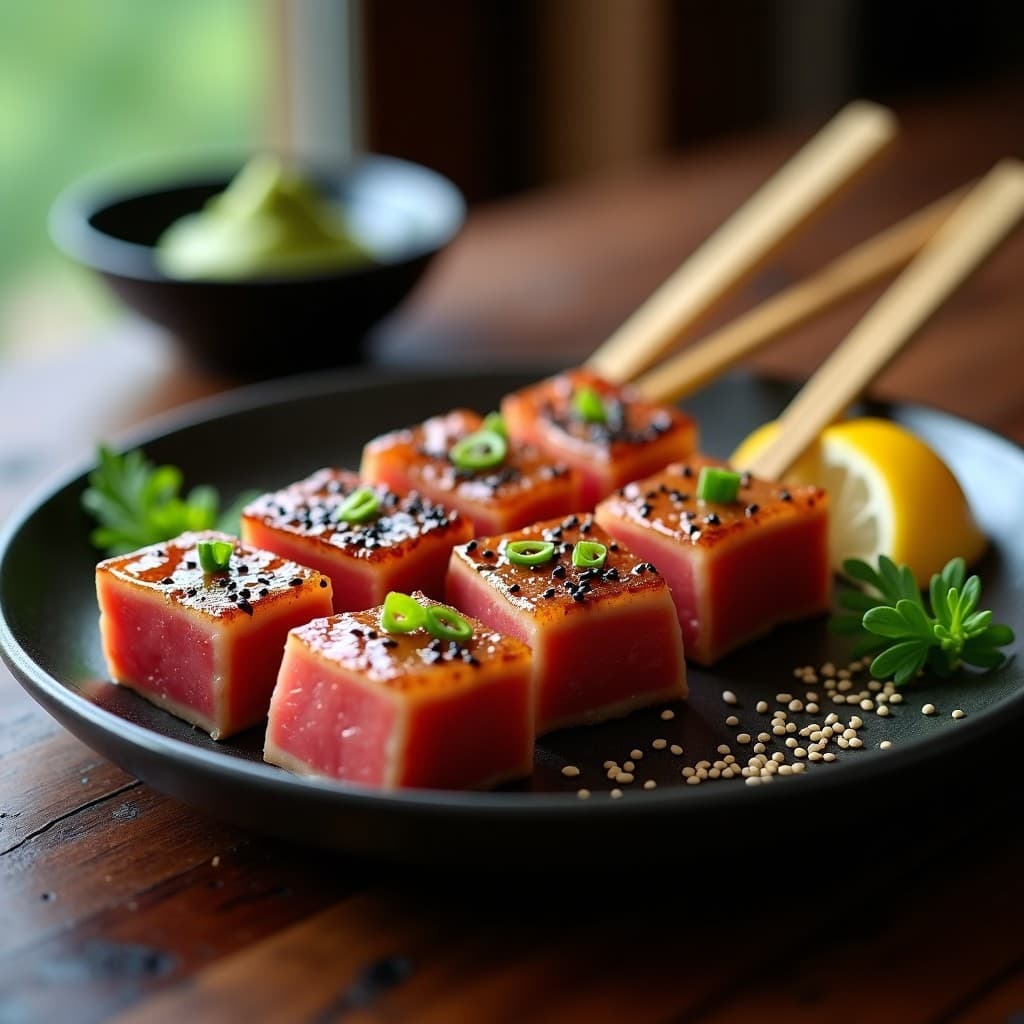 Brochetas de atún marinado en sake con wasabi servidas en plato de cerámica negra, decoradas con semillas de sésamo negro y cebollino, acompañadas de rodaja de limón y fondo de mesa de madera oscura. Receta japonesa en airfryer baja en calorías.