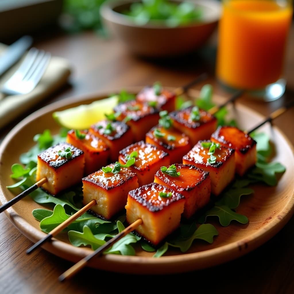 Brochetas de atún doradas en palillos de madera, marinadas en salsa anticuchera con ají amarillo, acompañadas de trozos de pimiento verde asado. Plato servido sobre lecho de hojas verdes con limones en rodajas y huacatay fresco espolvoreado. Receta peruana en airfryer alta en proteína.