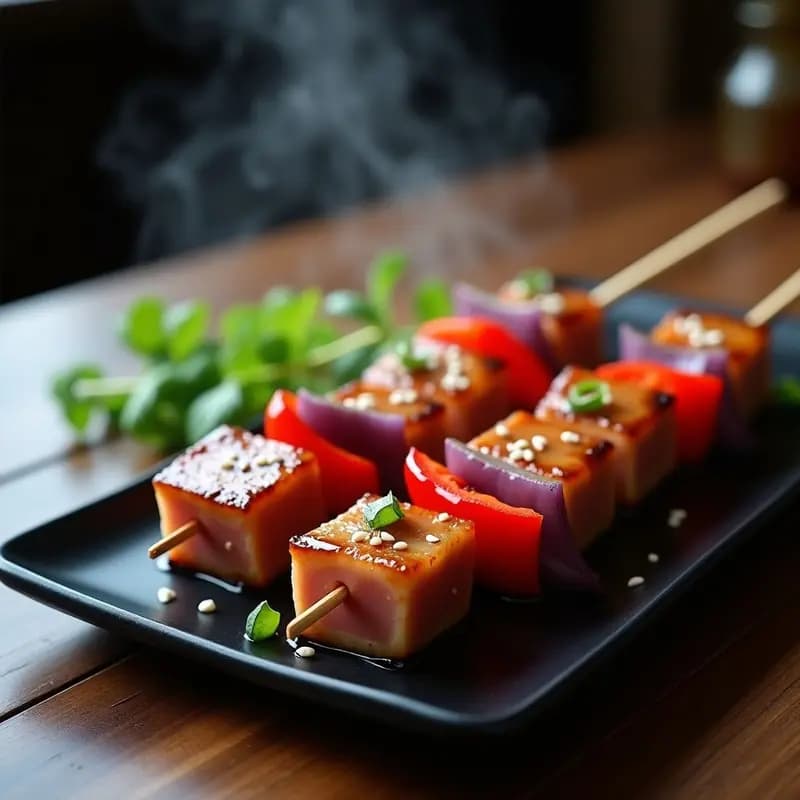 Brochetas de atún fresco en cubos dorados en el grill, alternados con cebolla morada y pimiento rojo, bañadas en salsa teriyaki brillante de miel y limón, espolvoreadas con semillas de sésamo, sobre un plato negro con fondo de madera rústica.