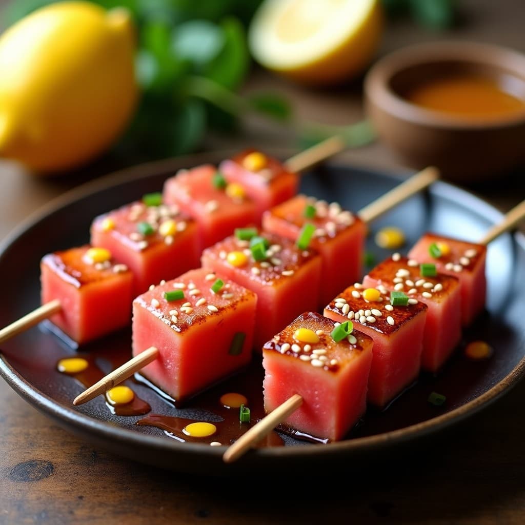 Brochetas de atún y sandía con glaseado de miel y sésamo, receta fusion japonesa veraniega. Cubos de atún sellado y sandía jugosa alternados en paletas de bambú, brillantes por el glaseado dorado, espolvoreados con sésamo tostado y cebollino fresco, servidos sobre un plato de madera con limón y hojas de menta.