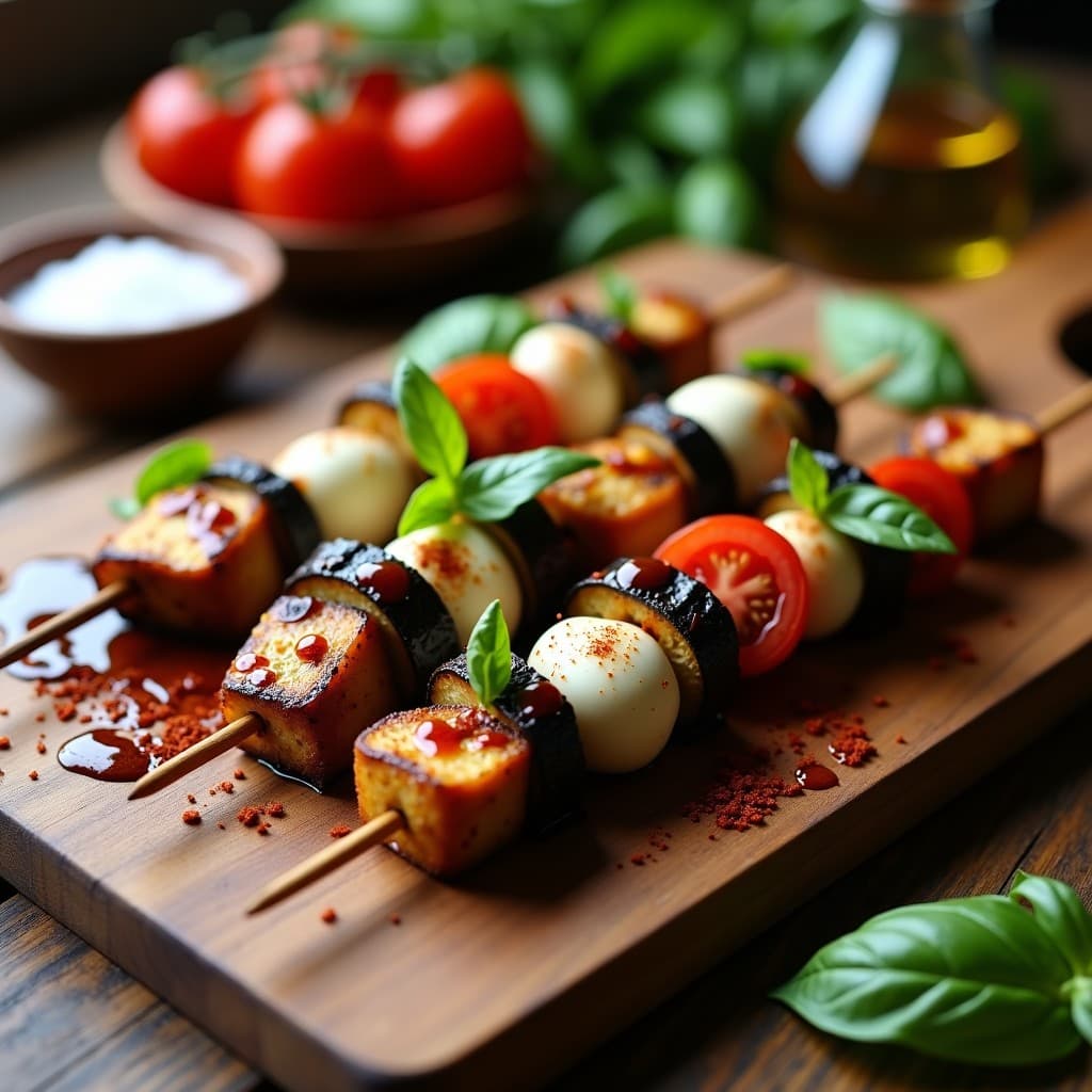 Brochetas doradas de berenjena ahumada y mozzarella de búfala fresca, alternadas con tomates cherry y hojas de albahaca, servidas en una tabla de madera rústica con un hilo de vinagre balsámico y pimentón ahumado espolvoreado. Receta de entrantes italianos en airfryer.