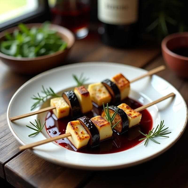 Brochetas de berenjena ahumada y queso de castaña con reducción de vino tinto en airfryer, servidas en plato blanco con salsa brillante y romero fresco.