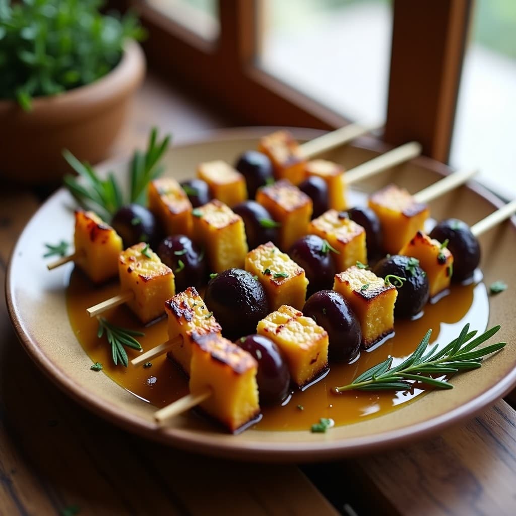 Brochetas doradas de berenjena en escabeche y aceitunas kalamata sobre un plato de madera rústico, con hojas de laurel y un chorrito de aceite de oliva. Aperitivo griego crujiente y vegano preparado en airfryer.