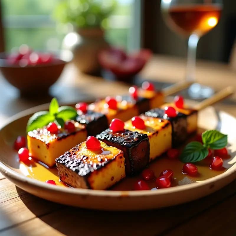 Brochetas doradas de berenjena asada y queso halloumi en grill, bañadas con miel de granado brillante y decoradas con semillas de granado rojas y hojas de menta fresca sobre un plato de madera rústico.