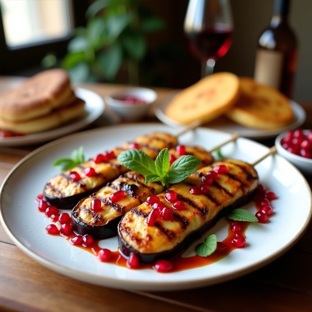 Brochetas doradas de berenjena ahumada y queso halloumi en palillos de madera, con vinagreta de granada y hojas de menta fresca, servidas en plato blanco rústico. Receta chipriota en airfryer.
