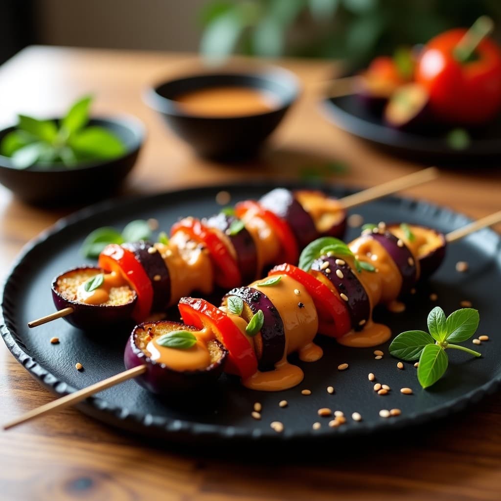 Brochetas doradas de berenjena, cebolla morada y pimiento rojo en palillos de madera, servidas sobre un plato negro con salsa de cacahuete cremosa y semillas de sésamo tostadas espolvoreadas. Receta fusion japonesa en airfryer.