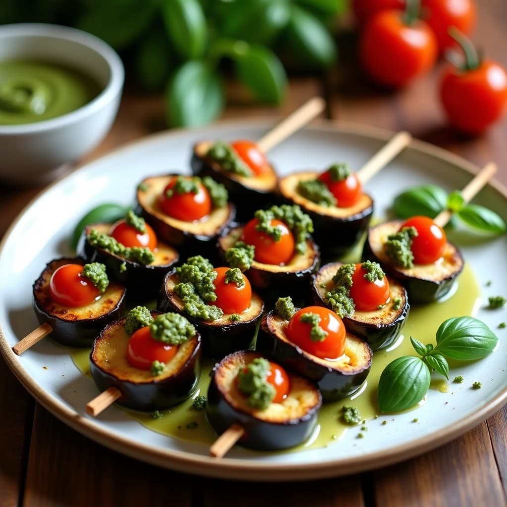 Brochetas de berenjena dorada en airfryer con tomates cherry y pesto de albahaca y piñones, servidas en plato blanco rústico sobre fondo de madera.
