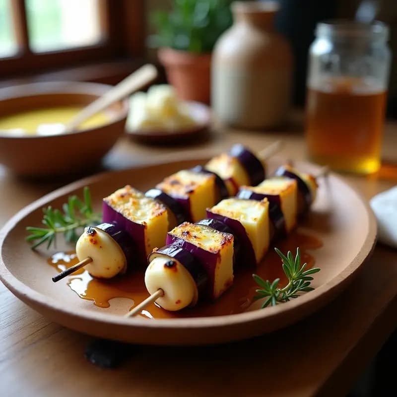 Brochetas de berenjena marinada y queso feta en grill, con cubos dorados de berenjena ahumada y queso feta cremoso, servidas en plato de madera rústico con tomillo fresco y miel goteando.