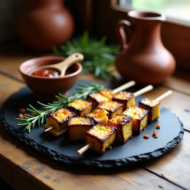 Brochetas de berenjena ahumada y queso manchego con mermelada de higos servidas en platos de barro, receta medieval en airfryer.