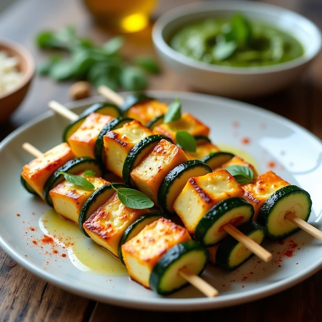 Brochetas doradas de queso halloumi y calabacín en palillos de bambú, servidas sobre un plato blanco con pesto de rúcula verde vibrante y piñones tostados. Receta vegetariana en airfryer.