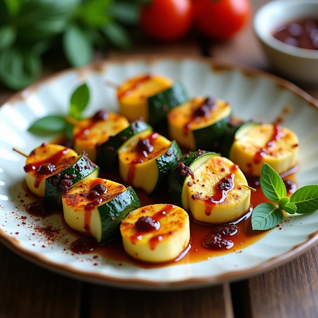 Brochetas doradas de calabacín verde y queso halloumi en palillos de madera, servidas sobre un plato blanco con pesto de albahaca morada y pimentón ahumado espolvoreado, receta chipriota en airfryer sin aceite.