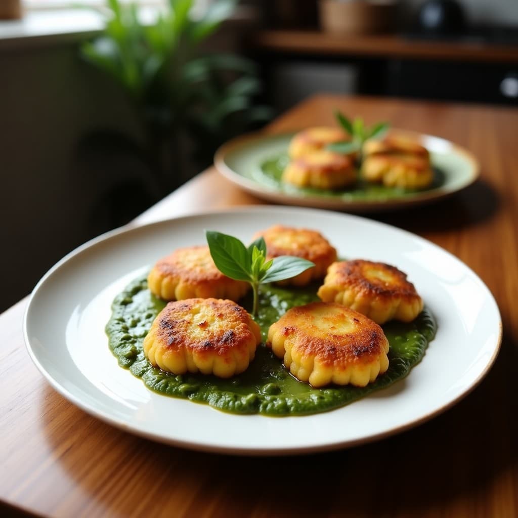 Brochetas doradas de calabacín y queso halloumi en un plato blanco rústico, acompañadas de un bol pequeño con pesto de albahaca verde brillante. Decoración con hojas de albahaca fresca y un hilo de aceite de oliva.