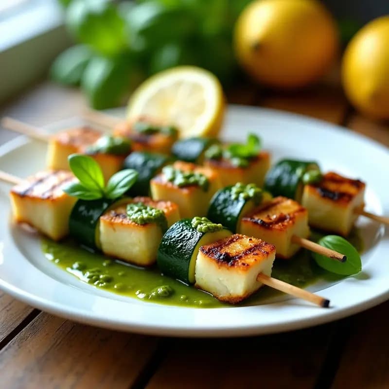 Brochetas de calabacín y merluza con pesto de albahaca cocinadas en grill, con trozos dorados de pescado y calabacín tierno, servidas en un plato blanco con hierbas frescas y un chorrito de aceite de oliva.