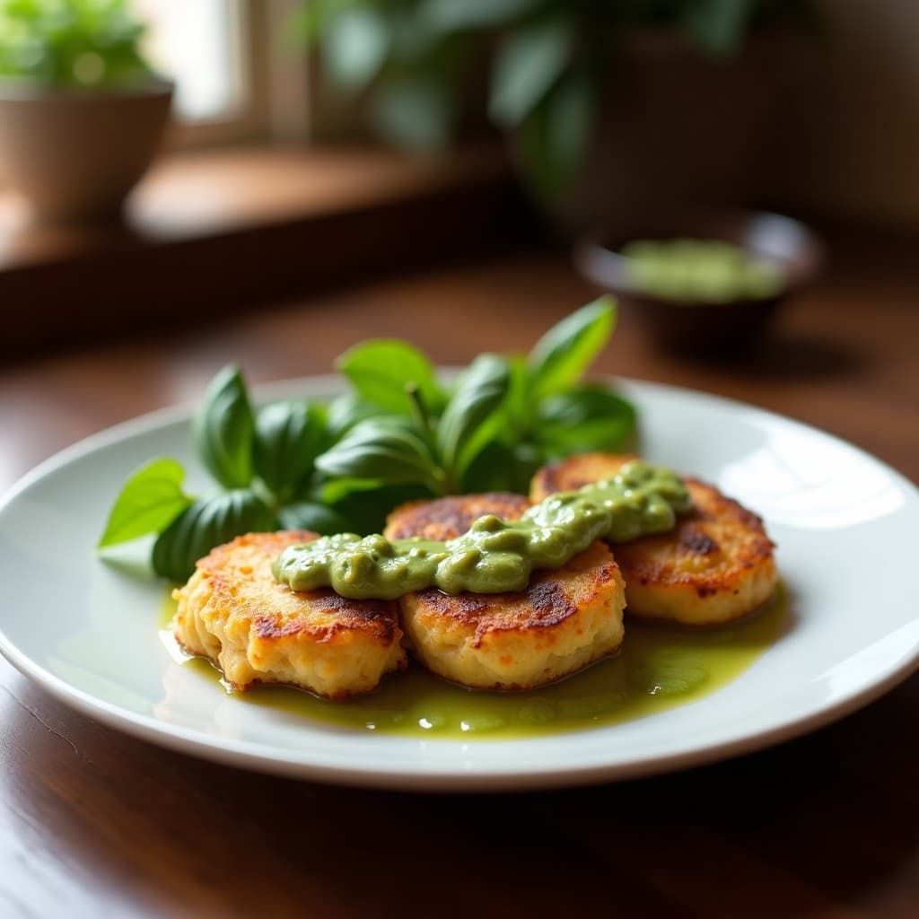 Brochetas doradas de calabacín y queso feta en palillos de madera, con vetas de pesto de albahaca verde brillante, servidas sobre un plato de barro rústico con fondo de madera oscura y hierbas frescas.