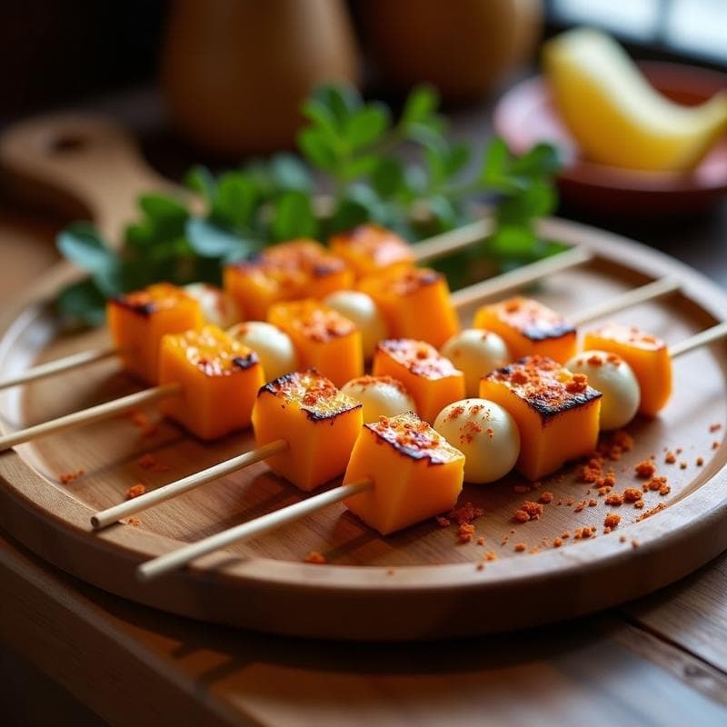 Brochetas veganas al horno con cubos dorados de calabaza Minsk y bolitas de queso de anacardos cremoso, espolvoreadas con pimentón ahumado, servidas en bandeja de madera rústica con fondo desenfocado.