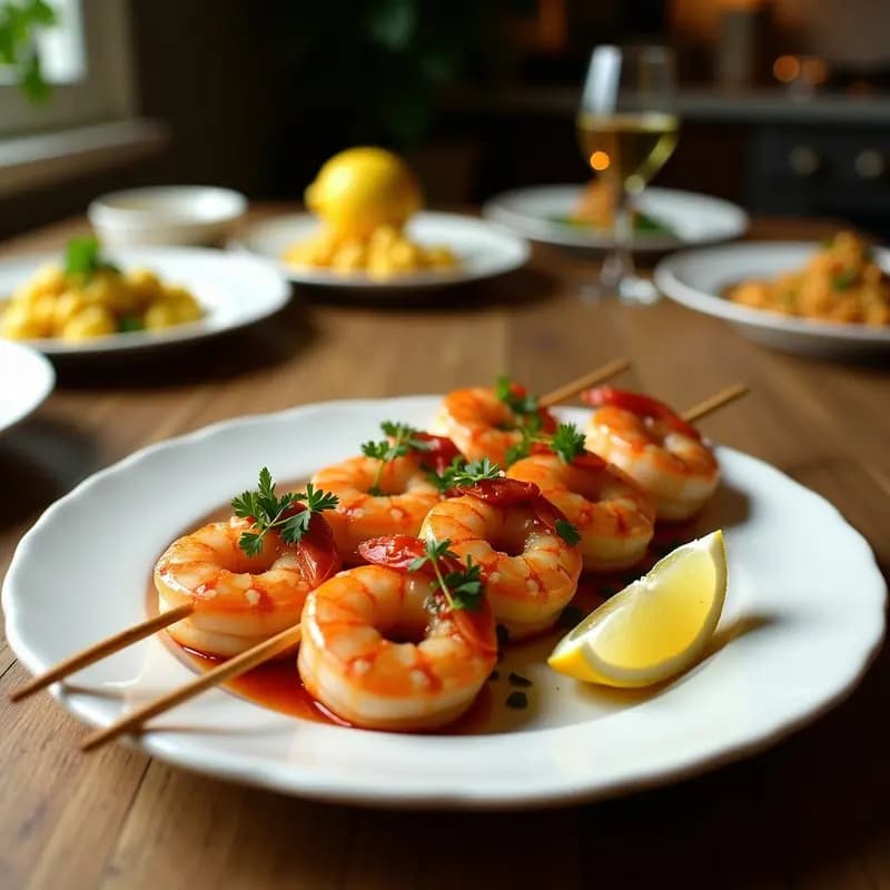 Brochetas de camarón al ajillo y melón galia en airfryer, con camarones jugosos y cubos de melón dorados, espolvoreados con semillas de sésamo y perejil fresco, servidas en un plato blanco rústico con rodaja de limón.