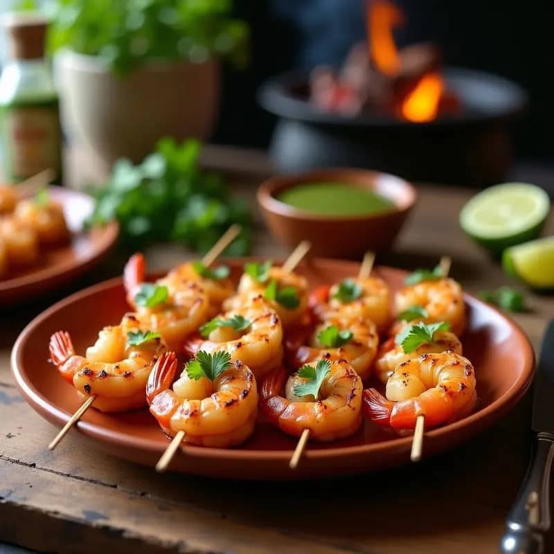 Brochetas de camarones al ajillo con mojo de cilantro servidas en plato de barro, con fondo de grill humeante y hierbas frescas, receta española tradicional.