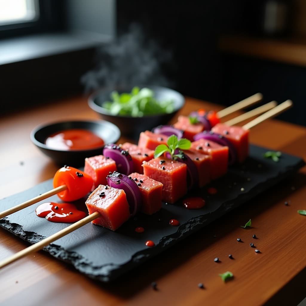 Brochetas futuristas de мяso cultivado en laboratorio dorado, ensartadas con cebolla morada y pimiento rojo, servidas sobre un plato negro con salsa de kimchi espesa y brillante, decoradas con semillas de sésamo negro. Receta coreana innovadora y alta en proteína.