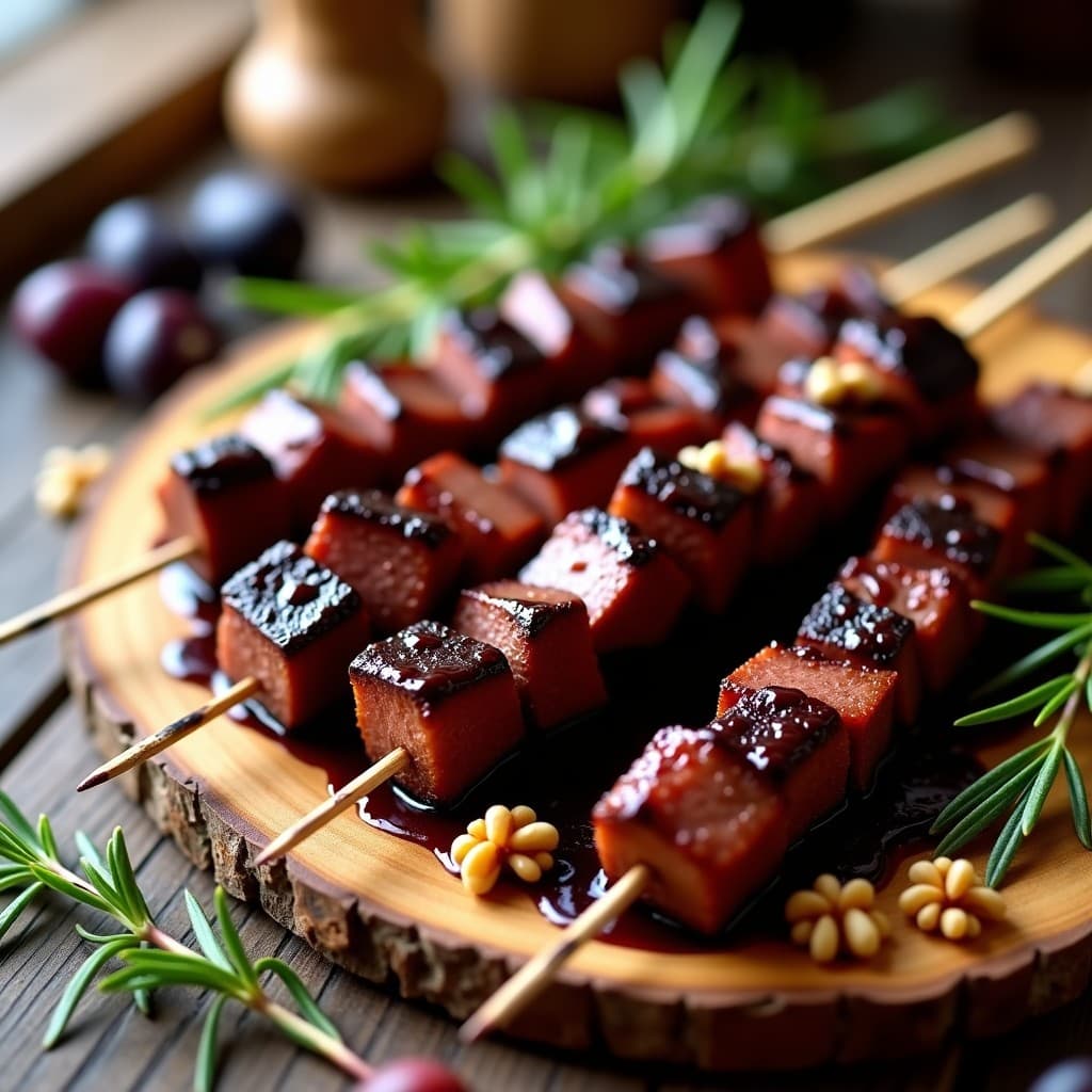 Brochetas de carne de res doradas en airfryer, servidas sobre plato de madera con salsa espesa de circuelas y vinagre de Módena, decoradas con hojas de albahaca fresca.