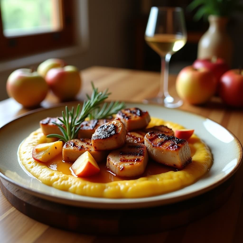 Brochetas de cerdo dorado marinadas en sidra y romero, asadas al grill, servidas sobre un puré de manzana cremoso y espolvoreadas con hojas de romero fresco. Plato rústico de barro con fondo borroso de mesa de madera.