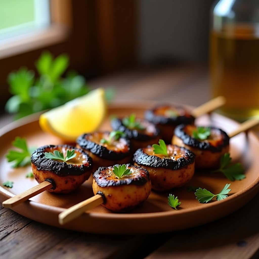 Brochetas de champiñones portobello dorados y ahumados en airfryer, servidos en plato rústico con perejil fresco y rodajas de limón.