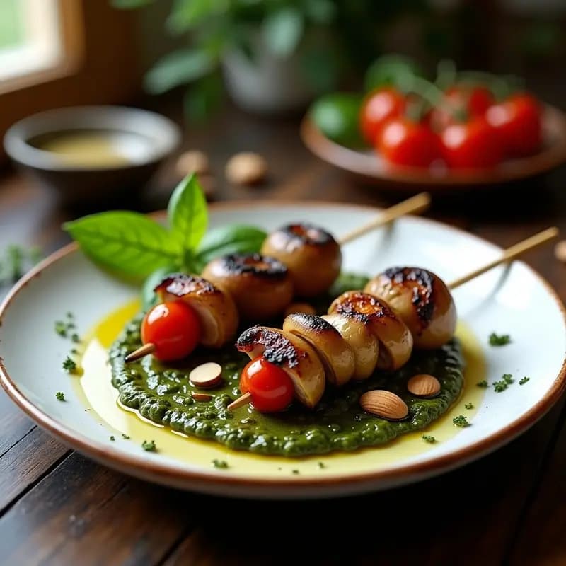 Brochetas de champiñones portobello y tomate cherry asadas al grill, servidas sobre un lecho de pesto verde oscuro de aceitunas kalamata, con un toque de aceite de oliva y orégano espolvoreado, en un plato de cerámica rústica con fondo de madera.
