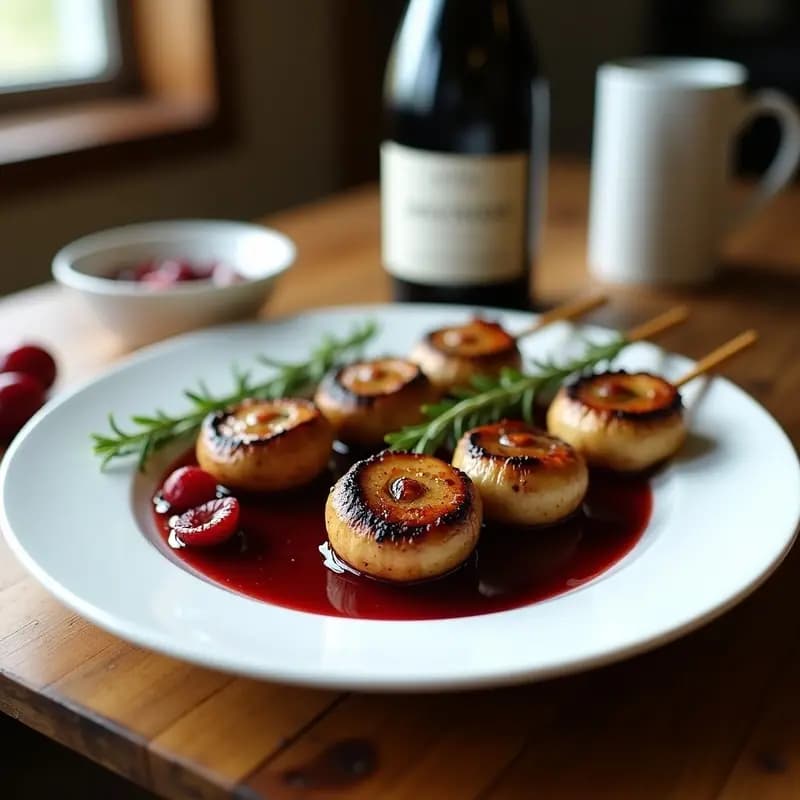 Brochetas de champiñones portobello dorados en airfryer, servidas en plato blanco con reducción brillante de vino tinto y arándanos, decoradas con romero fresco.