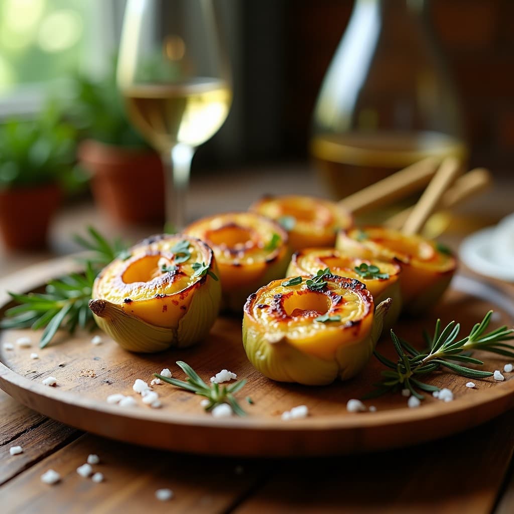 Brochetas de corazón de alcachofa y anchoas doradas en grill, con hojas de romero fresco y un toque de sal marina gruesa, receta mediterránea salada.