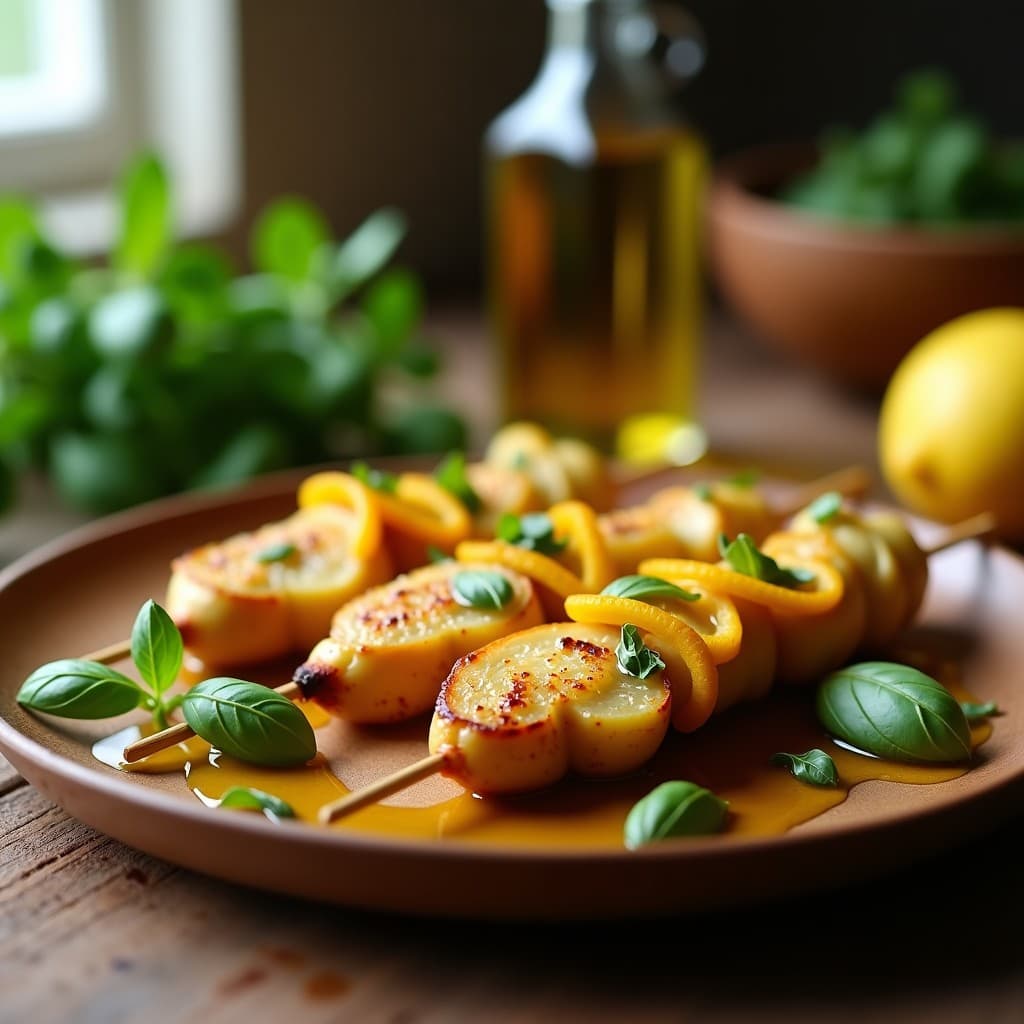 Brochetas doradas de corazón de alcachofa y limón confitado keto en airfryer, servidas sobre un plato de madera rústico con hojas de albahaca fresca y un chorrito de aceite de oliva.