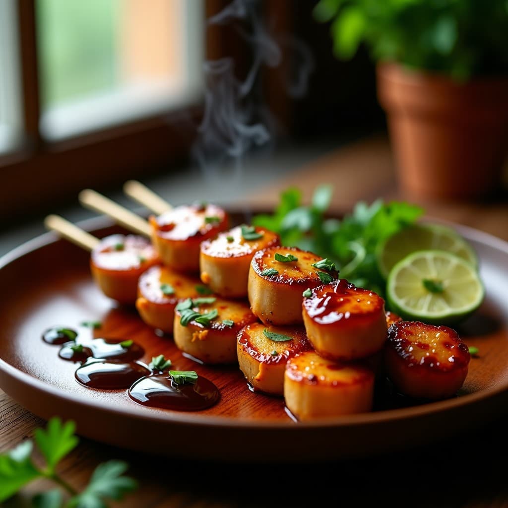 Brochetas doradas de corazón de banano macho y trozos de cerdo marinado, brillantes por la salsa hoisin, servidas en plato de madera con hierbas frescas y rodajas de limón.