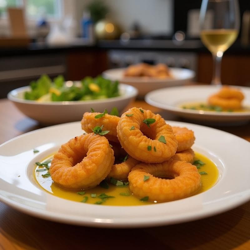 Brochetas doradas de corazón de palma y gambas con mojo de cítricos en airfryer, servidas en plato blanco con rodajas de limón y hierbas frescas, receta brasileña fácil y rápida.