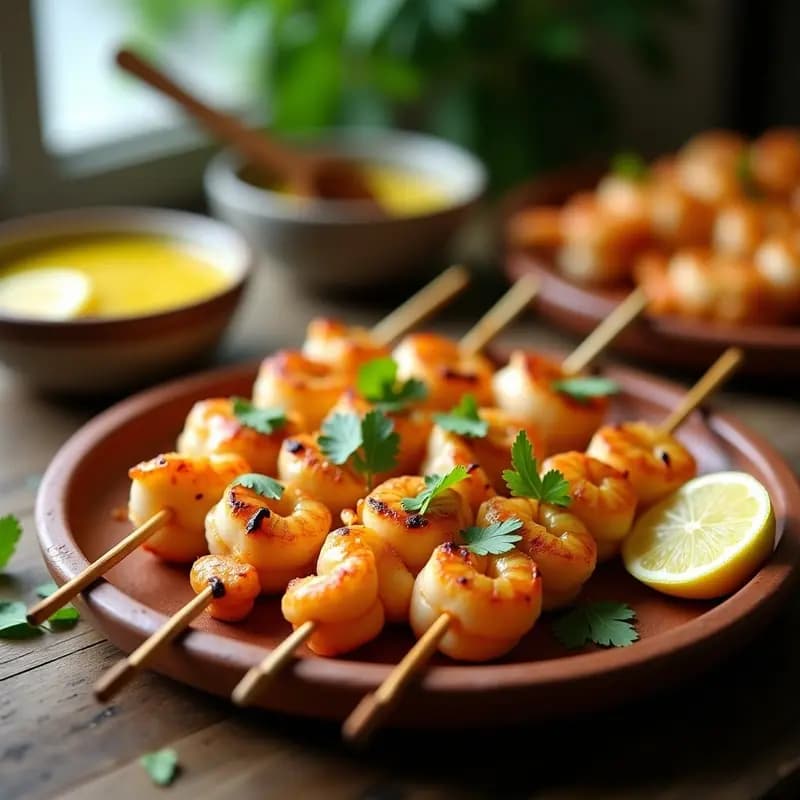 Brochetas doradas de corazón de palma y gambas en palillos de madera, servidas en plato de barro con salsa amarilla de aceite de dendê y limón, decoradas con cilantro fresco y rodajas de limón.