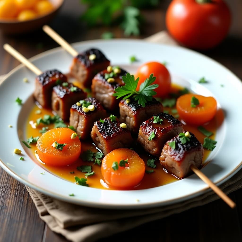 Brochetas de cordero y albaricoques con glaseado de granadina en airfryer, servidas en plato de cerámica blanca con perejil y pistachos picados, receta iraní gourmet.