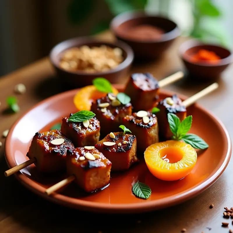 Brochetas marroquíes de cordero y albaricoques en airfryer, doradas y glaseadas con miel, servidas sobre un plato de barro con almendras laminadas y hojas de menta fresca, fondo rústico con especias ras el hanout.