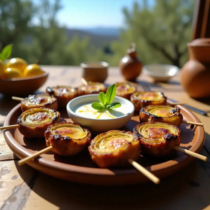 Brochetas de cordero y alcachofas doradas en grill griego, con salsa de limón cremosa y eneldo fresco, servidas en plato de barro con fondo de parrilla humeante.