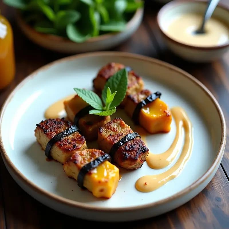 Brochetas de cordero y berenjena doradas en airfryer, servidas en plato blanco con salsa cremosa de tahini y menta fresca, receta griega alta en proteína.