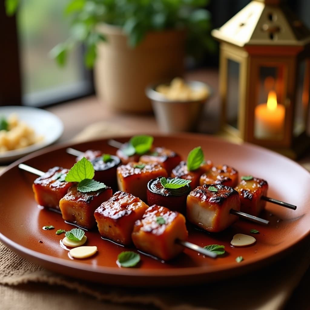 Brochetas de cordero doradas al grill con ciruelas pasas brillantes y almendras tostadas, servidas en plato de barro con hojas de menta fresca, receta árabe gourmet llena de especias.