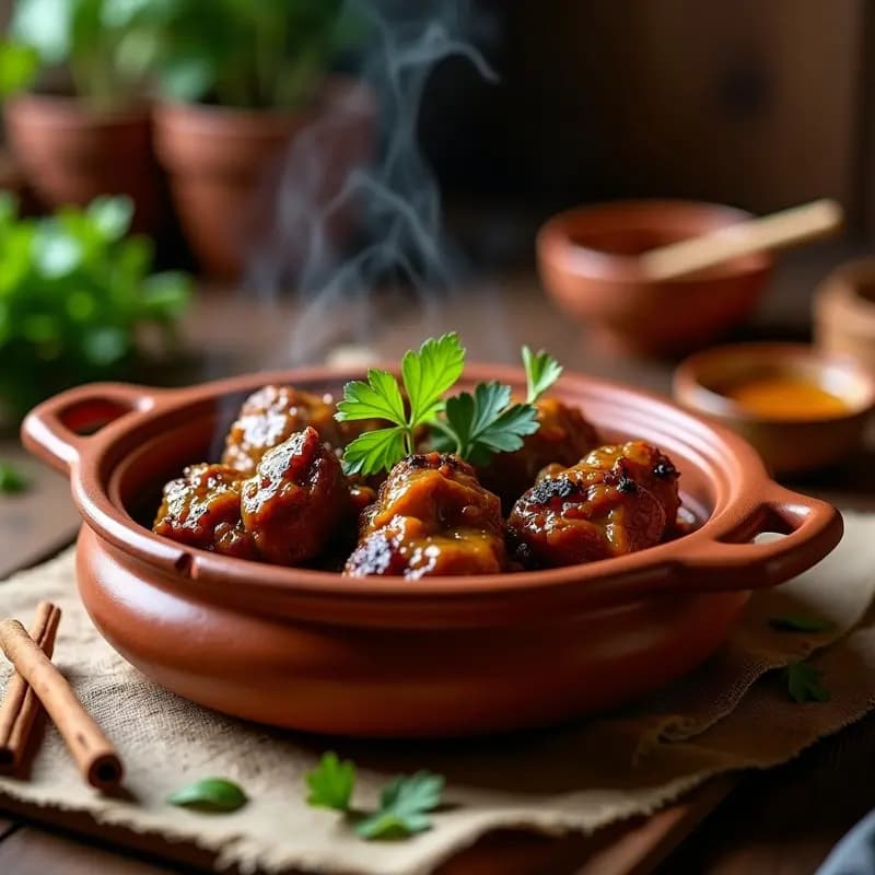 Brochetas de cordero doradas con especias marroquíes en olla de barro, bañadas en salsa espesa y decoradas con cilantro fresco, con un fondo rústico y humeante.
