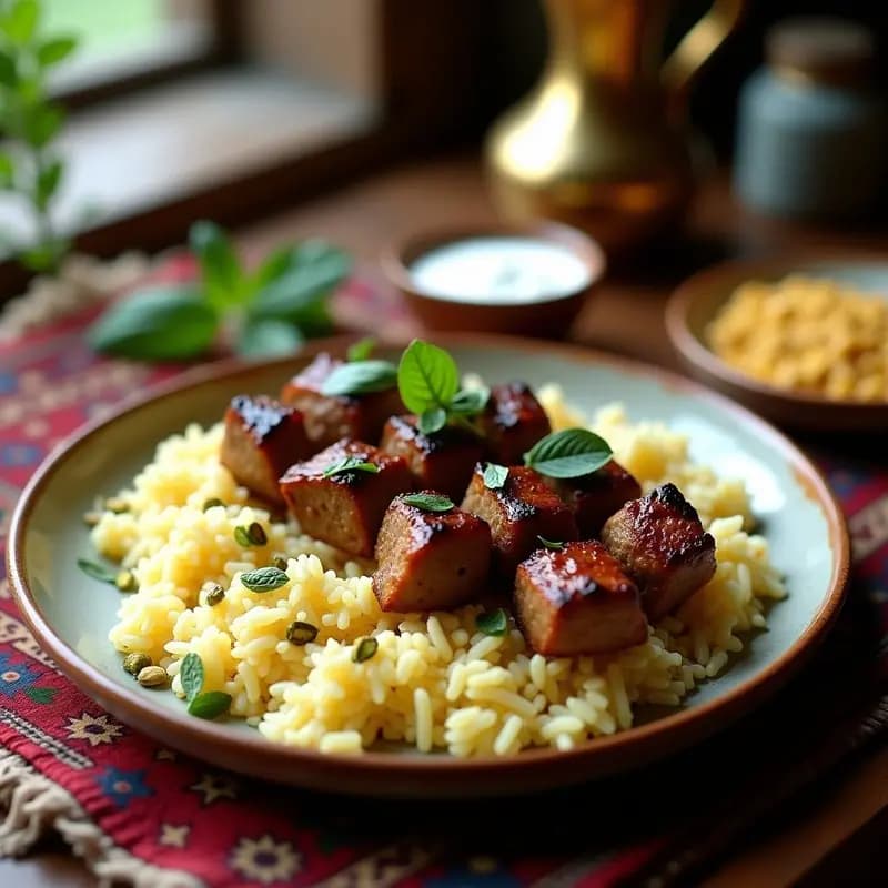 Brochetas de Cordero con Yogur de Mentolado y Arroz Basmati: Receta Iraní Tradicional
