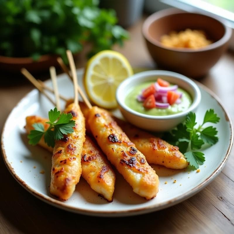 Brochetas de corvina marinada en limón y cilantro doradas en airfryer, servidas con salsa de aguacate cremosa y decoradas con cilantro fresco sobre un plato blanco rústico.