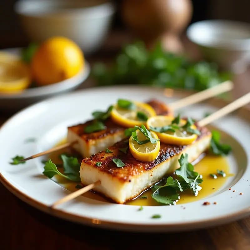 Brochetas de corvina y limón confitado asadas en grill, con trozos dorados de pescado y cubos de limón confitado, servidas sobre un plato blanco con salsa de hierbas provenzales cremosa al lado.