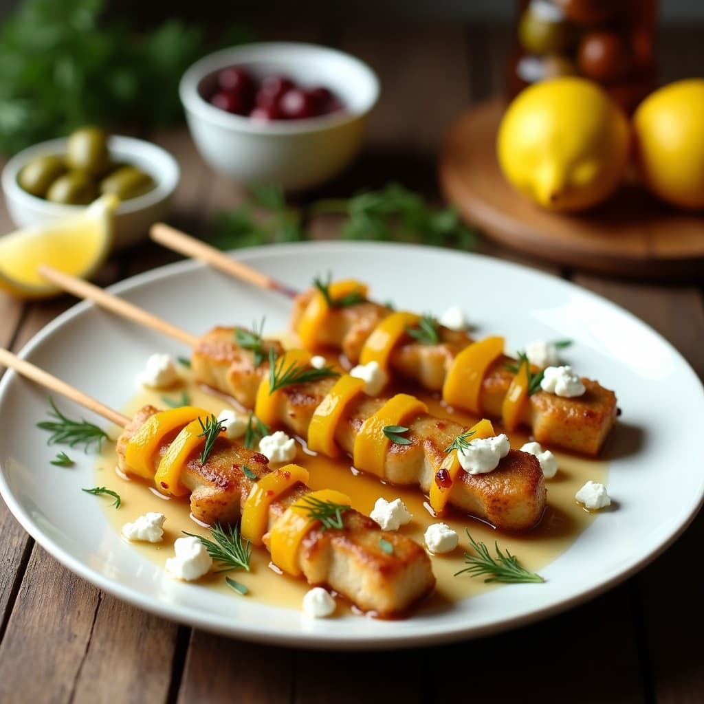 Brochetas doradas de corvina y trozos de limón confitado en un plato blanco, acompañadas de una salsa oscura de olivas Kalamata y perejil fresco. Receta griega en airfryer con fondo de mesa rústica de madera.