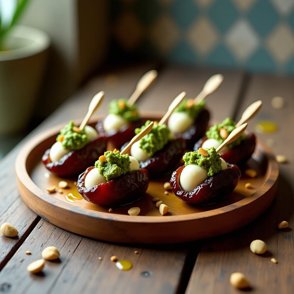 Brochetas de dátiles Medjool rellenos de queso cremoso de anacardos, coronados con pesto verde de hojas de olivo y piñones, servidos en bandeja de madera rústica con fondo de textura griega.