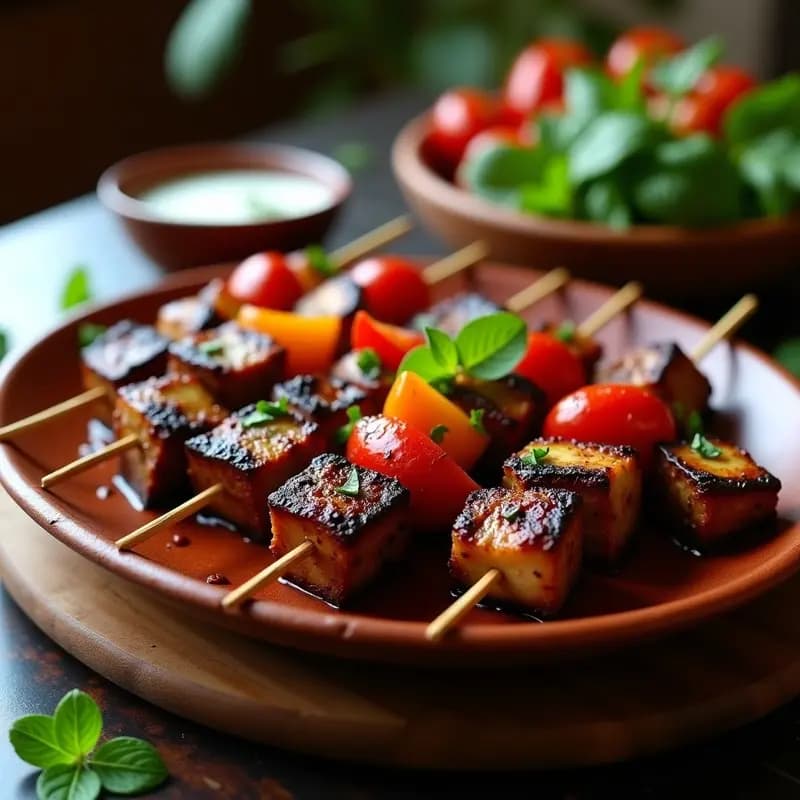Brochetas de cordero marinado en yogur y especias indias, doradas a la parrilla, con trozos de cebolla morada, pimiento rojo y tomate cherry. Plato servido en fuente de barro con hierbas frescas.