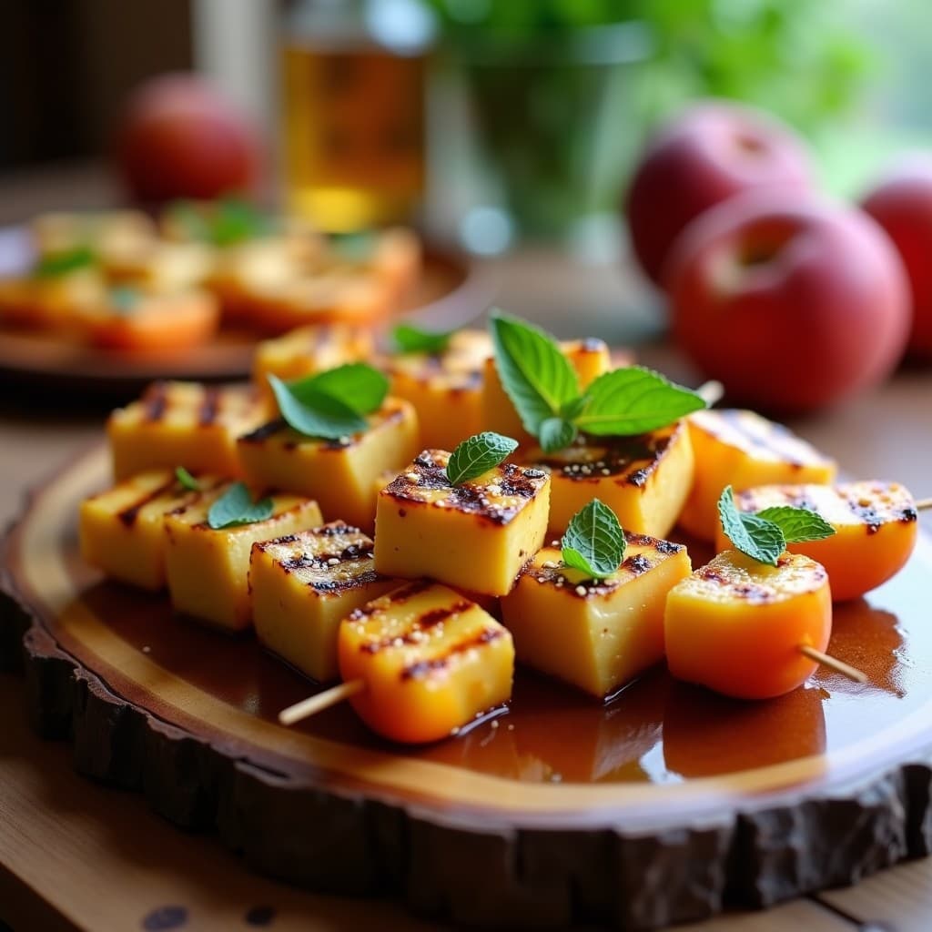 Brochetas de durazno y halloumi doradas en el grill, con marcas de parrilla, bañadas en miel de trufa y decoradas con hojas de menta fresca y semillas de sésamo, servidas en una fuente de madera rústica.