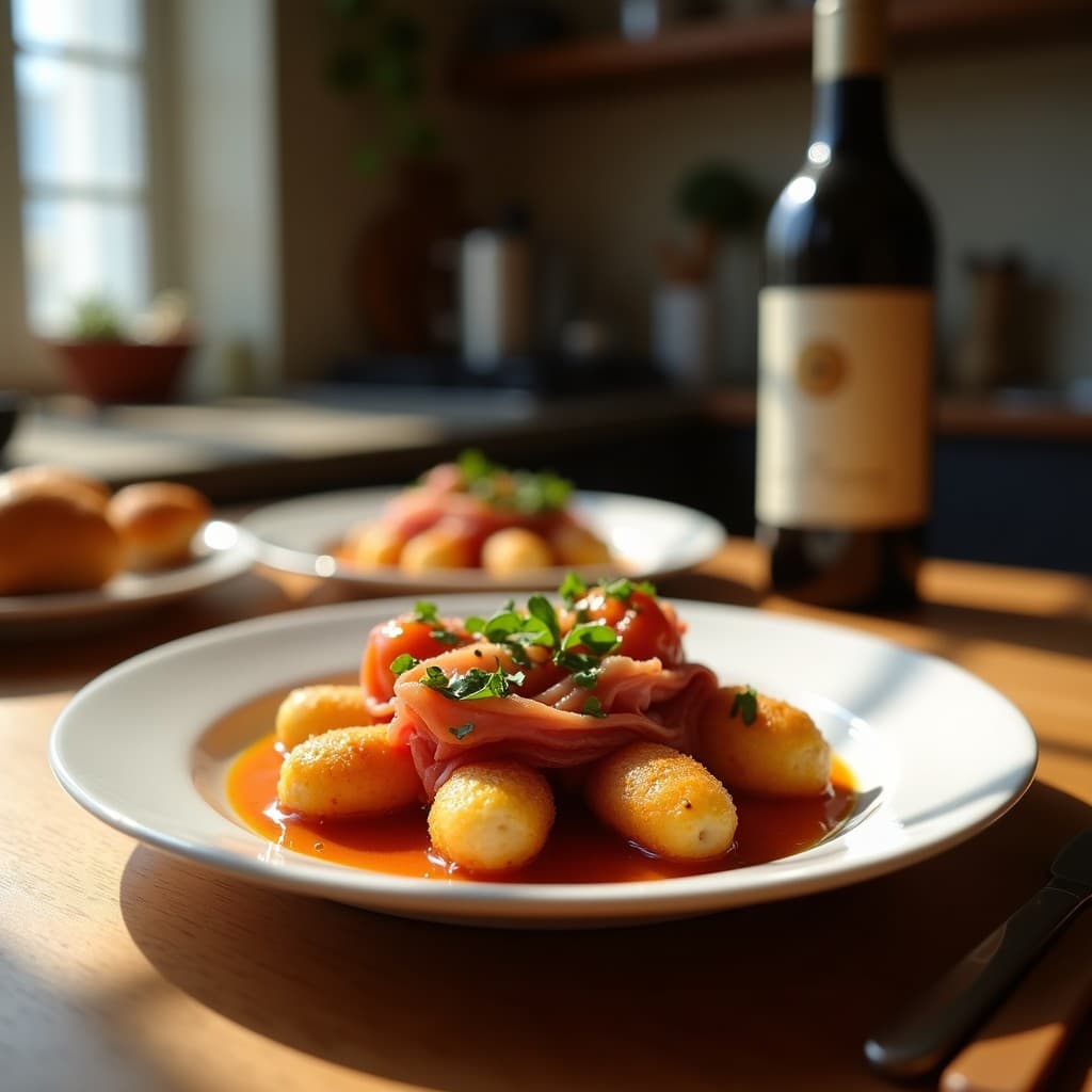 Brochetas elegantes de durazno maduro y jamón ibérico en palillos de madera, bañadas en vinagreta brillante de vinagre de módena, servidas en plato blanco con hojas de rúcula y semillas de sésamo tostadas.
